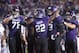 Sep 14, 2013; Evanston, IL, USA; Northwestern Wildcats running back Treyvon Green (22) celebrates with teammates after scoring a touchdown during the third quarter against the Western Michigan Broncos at Ryan Field. Mandatory Credit: Jerry Lai-USA TODAY Sports