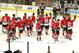 Sep 28, 2013; Chicago, IL, USA; Chicago Blackhawks celebrate their victory after the overtime period against the Washington Capitals at United Center. Chicago won 4-3 in OT. Mandatory Credit: Dennis Wierzbicki-USA TODAY Sports