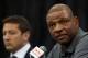 PLAYA VISTA, CA - JUNE 26: Los Angeles Clippers vice president of basketball operations Gary Sacks (L) looks on, as new head coach and senior vice president of basketball operations Doc Rivers addresses the media during a press conference at the Los Angeles Clippers training center on June 26, 2013 in Playa Vista, California. NOTE TO USER: User expressly acknowledges and agrees that, by downloading and or using this photograph, User is consenting to the terms and conditions of the Getty Images License Agreement. (Photo by Jeff Gross/Getty Images)