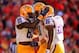 Sep 28, 2013; Athens, GA, USA; LSU Tigers wide receiver Jarvis Landry (80) celebrates a touchdown with tight end Travis Dickson (41) and wide receiver Kadron Boone (86) in the second half against the Georgia Bulldogs at Sanford Stadium. Georgia won 44-41. Mandatory Credit: Daniel Shirey-USA TODAY Sports