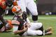 CLEVELAND, OH - SEPTEMBER 29: Quarterback Brian Hoyer #6 of the Cleveland Browns is sacked during the second half against the Cincinnati Bengals at FirstEnergy Stadium on September 29, 2013 in Cleveland, Ohio. The Browns defeated the Bengals 17-6. (Photo by Jason Miller/Getty Images)