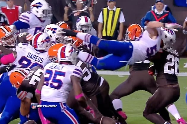 Buffalo Bills Rookie LB Kiko Alonso Dives over Entire Offensive Line