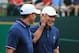 DUBLIN, OH - OCTOBER 03: Tiger Woods of the U.S. Team greets his Captain Fred Couples on the first tee before the start of the Day One Four-Ball Matches at the Muirfield Village Golf Club on October 3, 2013 in Dublin, Ohio. (Photo by David Cannon/Getty Images)