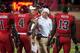 LINCOLN, NE - SEPTEMBER 29: Nebraska Cornhuskers head coach Bo Pelini talks with his defense during their game against the Wisconsin Badgers at Memorial Stadium on September 29, 2012 in Lincoln, Nebraska. Nebraska won 30-27. (Photo by Eric Francis/Getty Images)