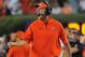Sep 14, 2013; Auburn, AL, USA; Auburn Tigers head coach Gus Malzahn speaks to players from the sidelines during the first half against the Mississippi State Bulldogs at Jordan Hare Stadium. Mandatory Credit: Shanna Lockwood-USA TODAY Sports