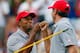 DUBLIN, OH - OCTOBER 04: Tiger Woods (L) and Matt Kuchar of the U.S. Team celebrate after a birdie on the fourth hole during the Day Two Foursome Matches at the Muirfield Village Golf Club on October 4, 2013 in Dublin, Ohio. (Photo by Matt Sullivan/Getty Images)