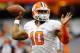 Oct 5, 2013; Syracuse, NY, USA; Clemson Tigers quarterback Tajh Boyd (10) warms up prior to the game against the Syracuse Orange at the Carrier Dome. Mandatory Credit: Rich Barnes-USA TODAY Sports