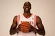 HOUSTON, TX - SEPTEMBER 27: Dwight Howard #12 of the Houston Rockets poses for a team photographer during Houston Rockets Media Day at the Toyota Center on September 27, 2013 in Houston, Texas. (Photo by Scott Halleran/Getty Images)