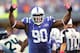 INDIANAPOLIS, IN - OCTOBER 06: Cory Redding #90 of the Indianapolis Colts reacts after a defensive stop against the Seattle Seahawks at Lucas Oil Stadium on October 6, 2013 in Indianapolis, Indiana. Indianapolis defeated Seattle 34-28. (Photo by Michael Hickey/Getty Images)