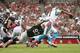 GLENDALE, AZ - OCTOBER 06: Quarterback Cam Newton #1 of the Carolina Panthers is sacked by defensive end Calais Campbell #93 of the Arizona Cardinals during the NFL game at the University of Phoenix Stadium on October 6, 2013 in Glendale, Arizona. The Cardinals defeated the Panthers 22-6. (Photo by Christian Petersen/Getty Images)