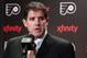PHILADELPHIA, PA - MARCH 02: Head coach Peter Laviolette of the Philadelphia Flyers speaks to the media after defeating the Ottawa Senators 2-1 on March 2, 2013 at the Wells Fargo Center in Philadelphia, Pennsylvania. (Photo by Len Redkoles/NHLI via Getty Images)