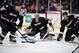 March 28, 2012; Anaheim, CA, USA; Anaheim Ducks goalie Jonas Hiller (1) defends the goal as defenseman Cam Fowler (4) and defenseman Francois Beauchemin (23) help to defend against the San Jose Sharks during the first period at Honda Center. Mandatory Credit: Gary A. Vasquez-USA TODAY Sports