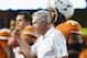 AUSTIN, TX - SEPTEMBER 21: Head coach Mack Brown pumps his fist after a call was overturned during play against the Kansas State Wildcats at Darrell K Royal-Texas Memorial Stadium on September 21, 2013 in Austin, Texas. (Photo by Ronald Martinez/Getty Images)