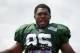 Jul 31, 2013; Cortland, NY, USA; New York Jets linebacker Antwan Barnes (95) reacts while walking off the field following training camp at SUNY Cortland. Mandatory Credit: Rich Barnes-USA TODAY Sports