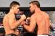 Oct 8, 2013; Barueri, Sao Paulo, Brazil; Demian Maia (left) and Jake Shields during the weigh-in for UFC Fight Night 29 at Jose Correa Arena. Mandatory Credit: Jason Silva-USA TODAY Sports