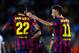 BARCELONA, SPAIN - OCTOBER 05: Neymar (R) of FC Barcelona celebrates with his team-mate Dani Alves after scoring his team's fourth goal during the La Liga match between FC Barcelona and Real Valladolid CF at Camp Nou on October 5, 2013 in Barcelona, Spain. (Photo by David Ramos/Getty Images)