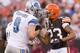 CLEVELAND, OH - AUGUST 15: Quarterback Matthew Stafford #9 of the Detroit Lions and cornerback Joe Haden #23 of the Cleveland Browns greet each other during the first half of a preseason at FirstEnergy Stadium on August 15, 2013 in Cleveland, Ohio. (Photo by Jason Miller/Getty Images)