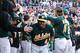 DETROIT, MI - OCTOBER 08: Coco Crisp #4 of the Oakland Athletics celebrates in the dugout after scoring on a two run home run by Jed Lowrie #8 in the fifth inning against the Detroit Tigers during Game Four of the American League Division Series at Comerica Park on October 8, 2013 in Detroit, Michigan. (Photo by Leon Halip/Getty Images)