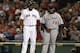 BOSTON, MA - SEPTEMBER 3: Prince Fielder #28 of the Detroit Tigers and David Ortiz #34 of the Boston Red Sox share a laugh at first base after Ortiz walked during the sixth inning at Fenway Park on September 3, 2013 in Boston, Massachusetts. (Photo by Winslow Townson/Getty Images)