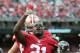 Oct 6, 2013; San Francisco, CA, USA; San Francisco 49ers running back Frank Gore (21) points to the sky after scoring a touchdown against the Houston Texans during the first quarter at Candlestick Park. Mandatory Credit: Ed Szczepanski-USA TODAY Sports