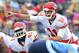 Oct 6, 2013; Nashville, TN, USA; Kansas City Chiefs quarterback Alex Smith (11) makes adjustments at the line against the Tennessee Titans during the first half at LP Field. The Chiefs beat the Titans 26-17. Mandatory Credit: Don McPeak-USA TODAY Sports