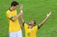 RIO DE JANEIRO, BRAZIL - JUNE 30: Neymar of Brazil celebrates scoring his team's second goal to make the score 2-0, with team-mate Oscar (L) during the FIFA Confederations Cup Brazil 2013 Final match between Brazil and Spain at Maracana on June 30, 2013 in Rio de Janeiro, Brazil. (Photo by Ronald Martinez/Getty Images)