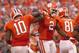 Oct 12, 2013; Clemson, SC, USA; Clemson Tigers quarterback Tajh Boyd (10) celebrates with teammate wide receiver Sammy Watkins (2) after scoring a touchdown during the second half against the Boston College Eagles at Clemson Memorial Stadium. Tigers won 24-14. Mandatory Credit: Joshua S. Kelly-USA TODAY Sports