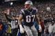 Nov 18, 2012; Foxborough, MA, USA; New England Patriots tight end Rob Gronkowski (87) reacts after his touchdown against the Indianapolis Colts during the first quarter at Gillette Stadium. The Patriots defeated the Indianapolis Colts 59-24. Mandatory Credit: David Butler II-USA TODAY Sports