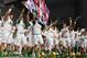 Oct 5, 2013; Arlington, TX, USA; The Notre Dame Fighting Irish sing the Alma Mater after Notre Dame defeated the Arizona State Sun Devils 37-34 at AT&T Stadium. Mandatory Credit: Matt Cashore-USA TODAY Sports