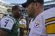 EAST RUTHERFORD, NJ - OCTOBER 13: Quarterback Ben Roethlisberger #7 of the Pittsburgh Steelers talks to quarterback Geno Smith #7 of the New York Jets after the game on October 13, 2013 at MetLife Stadium in East Rutherford, New Jersey. (Photo by Mitchell Leff/Getty Images)