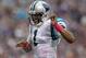 Oct 13, 2013; Minneapolis, MN, USA; Carolina Panthers quarterback Cam Newton (1) celebrates his touchdown during the third quarter against the Minnesota Vikings at Mall of America Field at H.H.H. Metrodome. Mandatory Credit: Brace Hemmelgarn-USA TODAY Sports