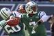 Oct 13, 2013; East Rutherford, NJ, USA; New York Jets quarterback Geno Smith (7) throws a pass during the second half of their game against the Pittsburgh Steelers at MetLife Stadium. The Steelers defeated the Jets 19-6. Mandatory Credit: Ed Mulholland-USA TODAY Sports