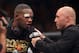 Sep 21, 2013; Toronto, Ontario, CAN; Jon Jones is interviewed by Joe Rogan after defeating Alexander Gustafsson (not pictured) during their light heavyweight championship bout at UFC 165 at the Air Canada Centre. Mandatory Credit: Tom Szczerbowski-USA TODAY Sports