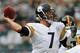 EAST RUTHERFORD, NJ - OCTOBER 13: Quarterback Ben Roethlisberger #7 of the Pittsburgh Steelers looks to pass against the New York Jets in the first quarter during a game at MetLife Stadium on October 13, 2013 in East Rutherford, New Jersey. (Photo by Rich Schultz /Getty Images)