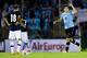 MONTEVIDEO, URUGUAY - OCTOBER 15: Luis Suarez (#9) of Uruguay celebrates a scored goal during a match between Uruguay and Argentina as part of the 18th round of the South American Qualifiers for the FIFA's World Cup Brazil 2014 at Centenario Stadium Stadium on October 15, 2013 in Montevideo, Uruguay. (Photo by Buda Mendes/Getty Images)