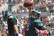 Oct 13, 2013; Tampa, FL, USA; Philadelphia Eagles quarterback Nick Foles (9) spikes the ball after scoring a touchdown during the first quarter against the Tampa Bay Buccaneers at Raymond James Stadium. Mandatory Credit: Kim Klement-USA TODAY Sports
