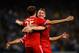 MANCHESTER, ENGLAND - OCTOBER 02: Thomas Muller of FC Bayern Munchen celebrates scoring the second goal with Bastian Schweinsteiger during the UEFA Champions League Group D match between Manchester City and FC Bayern Munchen at Etihad Stadium on October 2, 2013 in Manchester, England. (Photo by Laurence Griffiths/Getty Images)