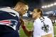 FOXBORO, MA - OCTOBER 13: Tom Brady #12 of the New England Patriots and Drew Brees #9 of the New Orleans Saints talk after the game at Gillette Stadium on October 13, 2013 in Foxboro, Massachusetts.The New England Patriots defeated the New Orleans Saints 30-27. (Photo by Elsa/Getty Images)