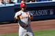 LOS ANGELES, CA - OCTOBER 16: Carlos Beltran #3 of the St. Louis Cardinals reacts after hitting a RBI triple in the third inning against the Los Angeles Dodgers in Game Five of the National League Championship Series at Dodger Stadium on October 16, 2013 in Los Angeles, California. (Photo by Stephen Dunn/Getty Images)