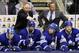 May 12, 2013; Toronto, Ontario, CAN; Toronto Maple Leafs head coach Randy Carlyle (left) and assistant coach Greg Cronin (right) in game six against the Boston Bruins of the first round of the 2013 Stanley Cup Playoffs at the Air Canada Centre. Toronto defeated Boston 2-1. Mandatory Credit: John E. Sokolowski-USA TODAY Sports