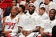 MIAMI, FL - JUNE 9: Miami Heat players, from left, Ray Allen #34, LeBron James #6 and Dwyane Wade #3, look on from the bench as their teammates play against the San Antonio Spurs during Game Two of the 2013 NBA Finals on June 9, 2013 at American Airlines Arena in Miami, Florida. NOTE TO USER: User expressly acknowledges and agrees that, by downloading and or using this photograph, User is consenting to the terms and conditions of the Getty Images License Agreement. Mandatory Copyright Notice: Copyright 2013 NBAE (Photo by Issac Baldizon/NBAE via Getty Images)