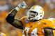 August 31, 2012; Atlanta, GA, USA; Tennessee Volunteers offensive linesman Antonio Richardson (74) celebrates in the second half against the North Carolina State Wolfpack at the Georgia Dome. Tennessee beat NC State 35-21. Mandatory Credit: Daniel Shirey-USA TODAY Sports