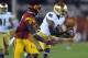 Nov 24, 2012; Los Angeles, CA, USA; Notre Dame Fighting Irish cornerback KeiVarae Russell (6) intercepts a pass intended for Southern California Trojans receiver Marqise Lee (9) at the Los Angeles Memorial Coliseum. Mandatory Credit: Kirby Lee/Image of Sport-USA TODAY Sports