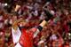 Yadier Molina stretches to the heavens after finishing off the Dodgers.