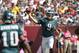 Oct 13, 2013; Tampa, FL, USA; Philadelphia Eagles quarterback Nick Foles (9) throws the ball to wide receiver DeSean Jackson (10) during the first half against the Tampa Bay Buccaneers at Raymond James Stadium. Mandatory Credit: Kim Klement-USA TODAY Sports