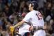 Oct 19, 2013; Boston, MA, USA; Boston Red Sox relief pitcher Koji Uehara (19) celebrates with catcher Jarrod Saltalamacchia after defeating the Detroit Tigers in game six of the American League Championship Series playoff baseball game at Fenway Park. Mandatory Credit: Robert Deutsch-USA TODAY Sports