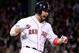 Oct 19, 2013; Boston, MA, USA; Boston Red Sox right fielder Shane Victorino (18) celebrates after hitting a grand slam against the Detroit Tigers during the seventh inning in game six of the American League Championship Series playoff baseball game at Fenway Park. Mandatory Credit: Robert Deutsch-USA TODAY Sports