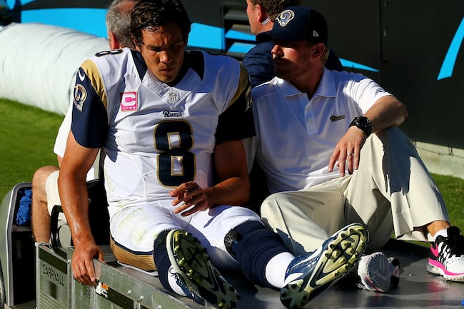hi res 185429558 sam bradford of the st louis rams is carted off the crop north