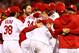 ST LOUIS, MO - OCTOBER 18: The St. Louis Cardinals celebrate after defeating the Los Angeles Dodgers 9-0 in Game Six of the National League Championship Series at Busch Stadium on October 18, 2013 in St Louis, Missouri. (Photo by Elsa/Getty Images)