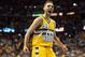 Apr 20, 2013; Denver, CO, USA; Denver Nuggets guard Evan Fournier (94) reacts during the first half of game one of the first round of the 2013 NBA Playoffs against the Golden State Warriors at the Pepsi Center. Mandatory Credit: Chris Humphreys-USA TODAY Sports